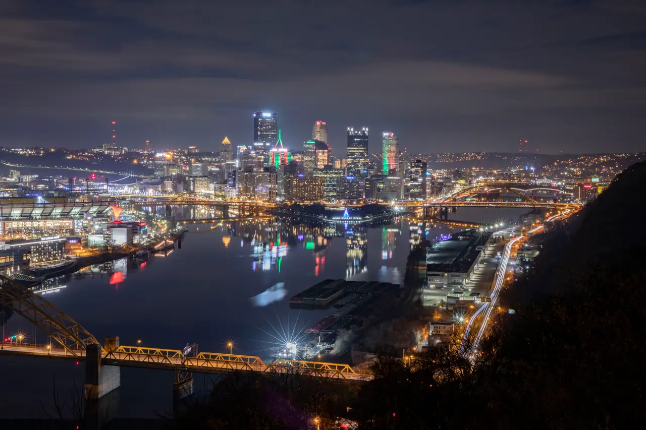 Fine-art photograph, “Pittsburgh Skyline and Three Rivers at Night, Steel and Water - 5DM42170,” from the Pennsylvania - Pittsburgh collection.