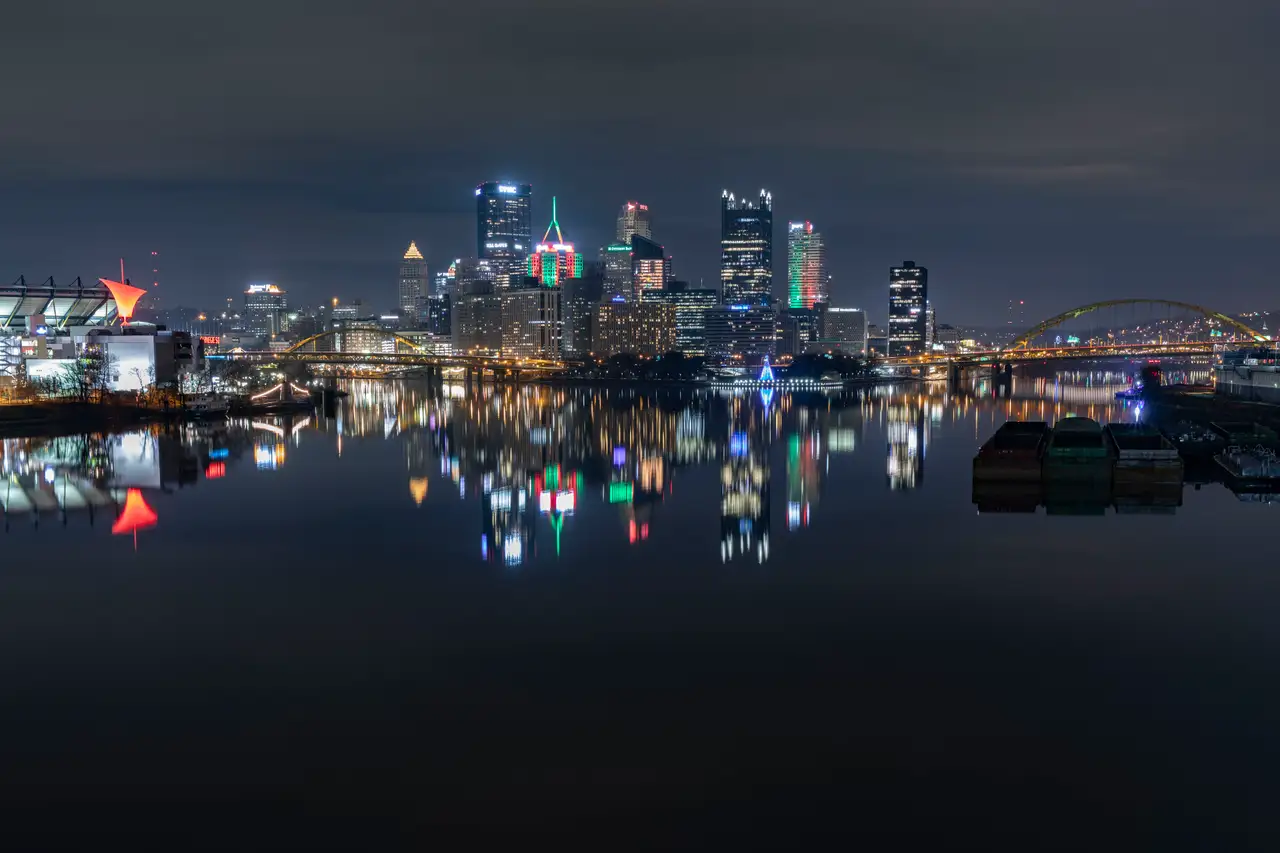 Fine-art photograph, “Pittsburgh Skyline Reflections at Night, Night Passage - 5DM42176,” from the Pennsylvania - Pittsburgh collection.