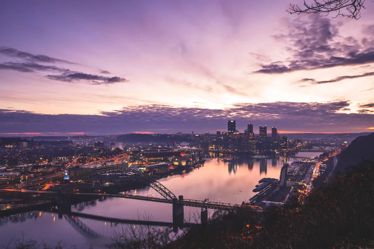 Fine-art photograph, “Pittsburgh Three Rivers at Sunset, Dawn Traffic - 5DM42181,” from the Pennsylvania - Pittsburgh collection.