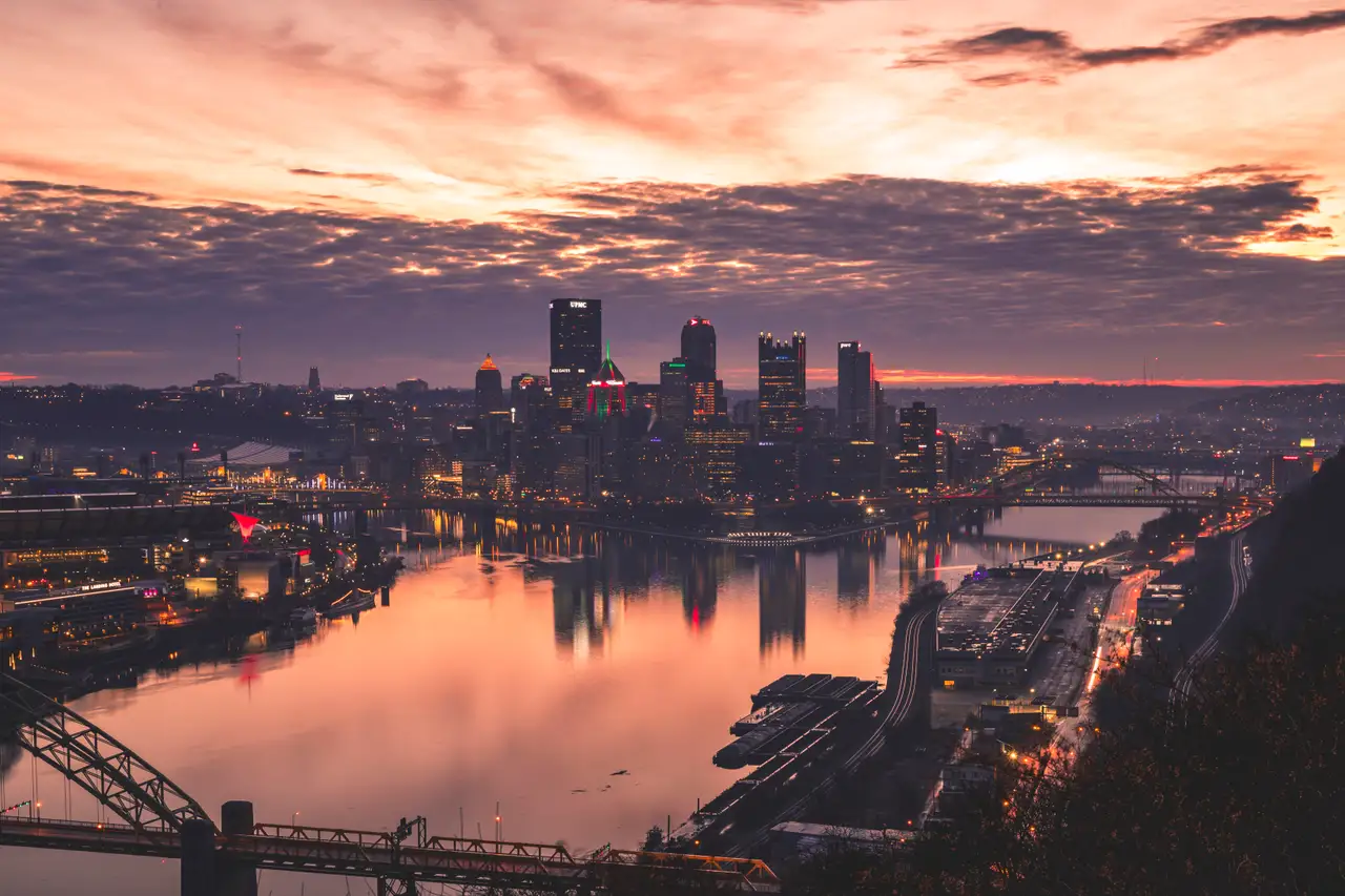 Fine-art photograph, “Pittsburgh Skyline and Three Rivers at Sunset, Tower Light - 5DM42182,” from the Pennsylvania - Pittsburgh collection.