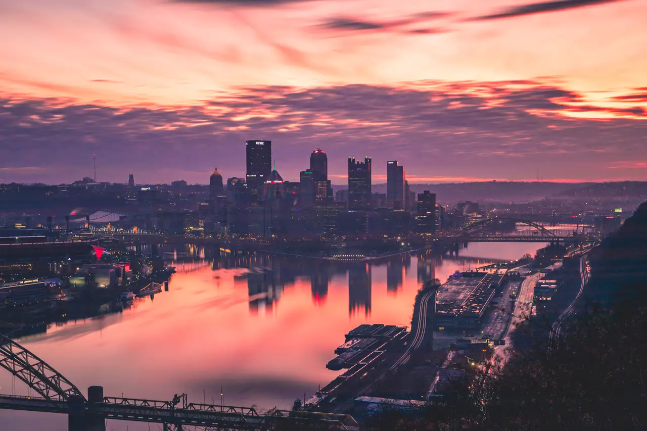 Fine-art photograph, “Pittsburgh Skyline and Three Rivers at Sunset, The Long Descent - 5DM42185,” from the Pennsylvania - Pittsburgh collection.