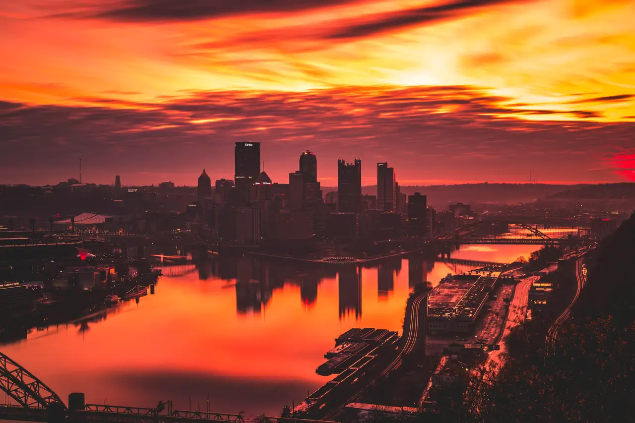 Fine-art photograph, “Pittsburgh Skyline and Three Rivers at Sunset, Last Train Home - 5DM42187,” from the Pennsylvania - Pittsburgh collection.