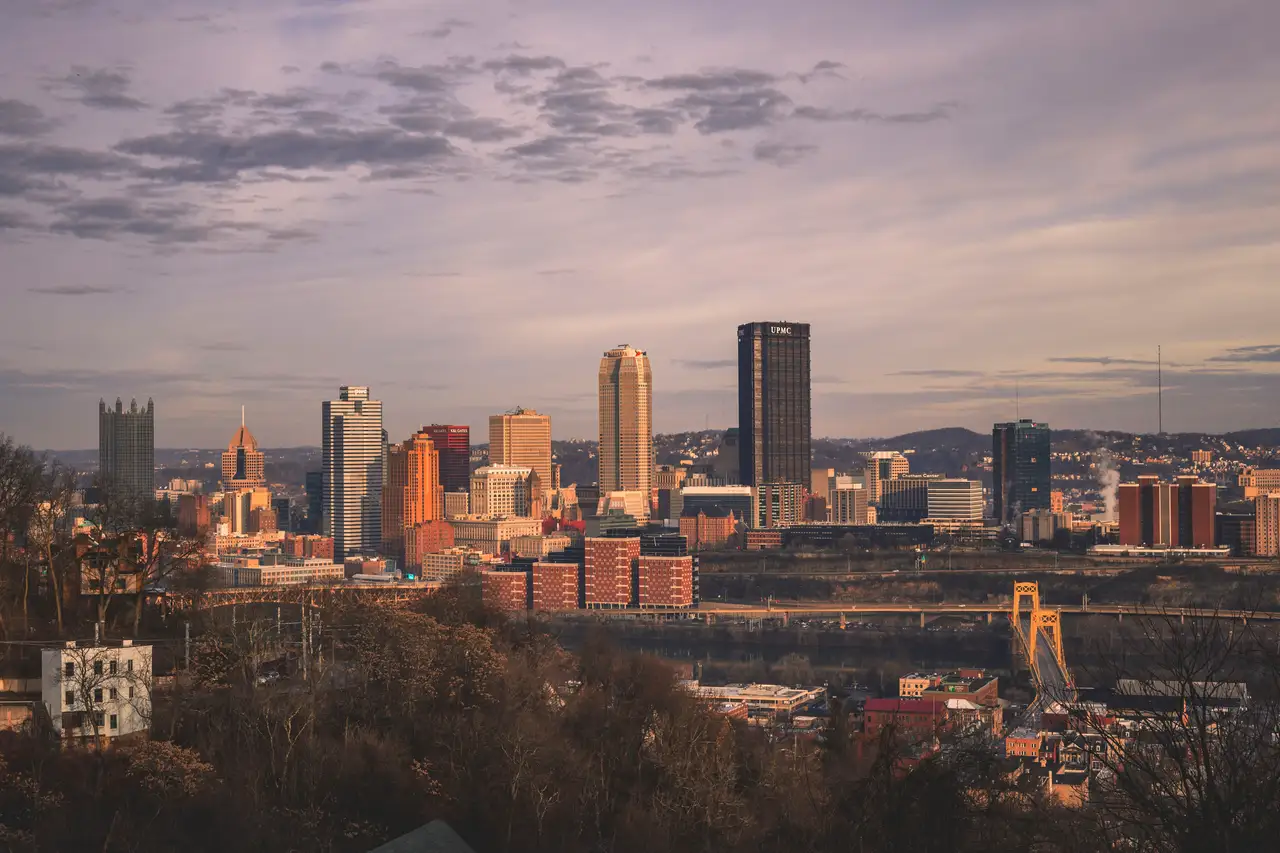 Fine-art photograph, “Pittsburgh Skyline and Three Rivers at Sunset, After the Rush - 5DM42199,” from the Pennsylvania - Pittsburgh collection.
