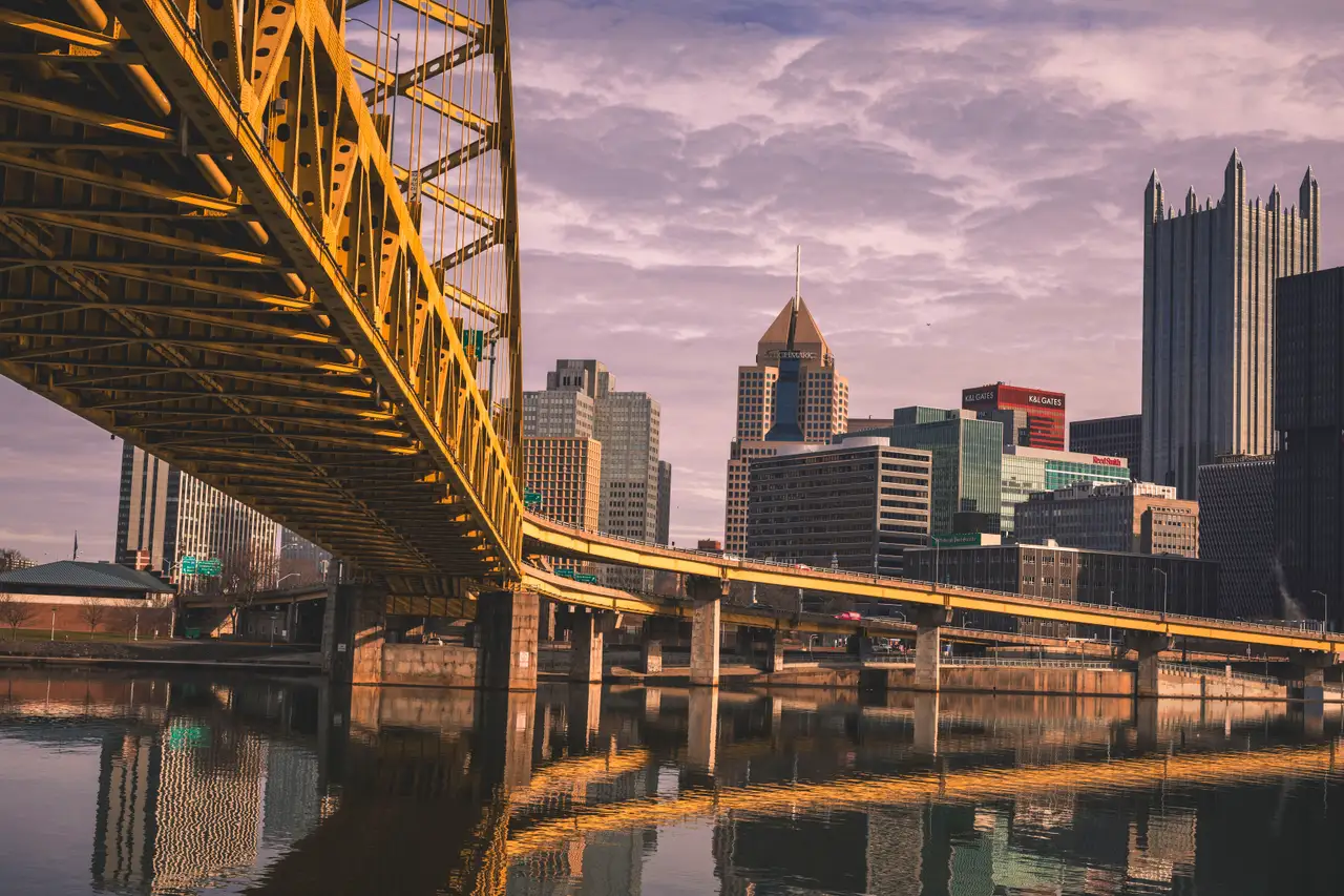 Fine-art photograph, “Pittsburgh Skyline Beneath a Yellow Bridge, Streetlight Current - 5DM42253,” from the Pennsylvania - Pittsburgh collection.
