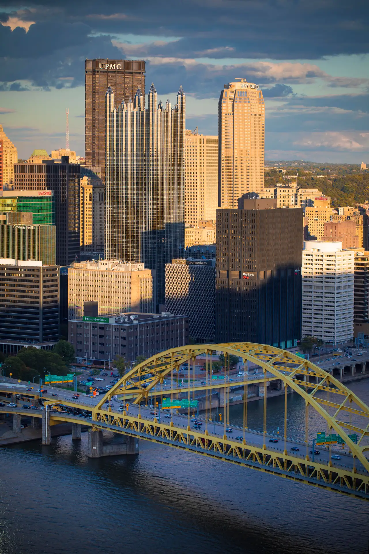 Fine-art photograph, “Pittsburgh Skyline and Yellow Bridge, Evening Momentum - 5DM49854,” from the Pennsylvania - Pittsburgh collection.