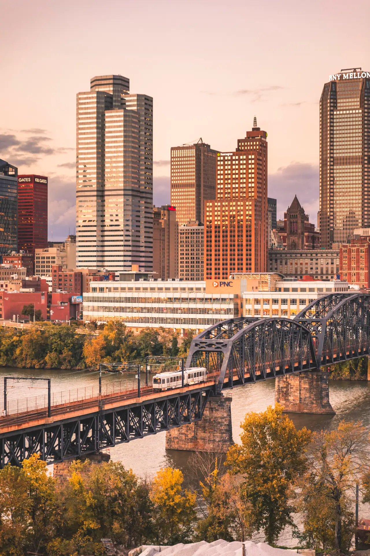 Fine-art photograph, “Pittsburgh Skyline and Yellow Bridge at Sunset - 5DM49986,” from the Pennsylvania - Pittsburgh collection.