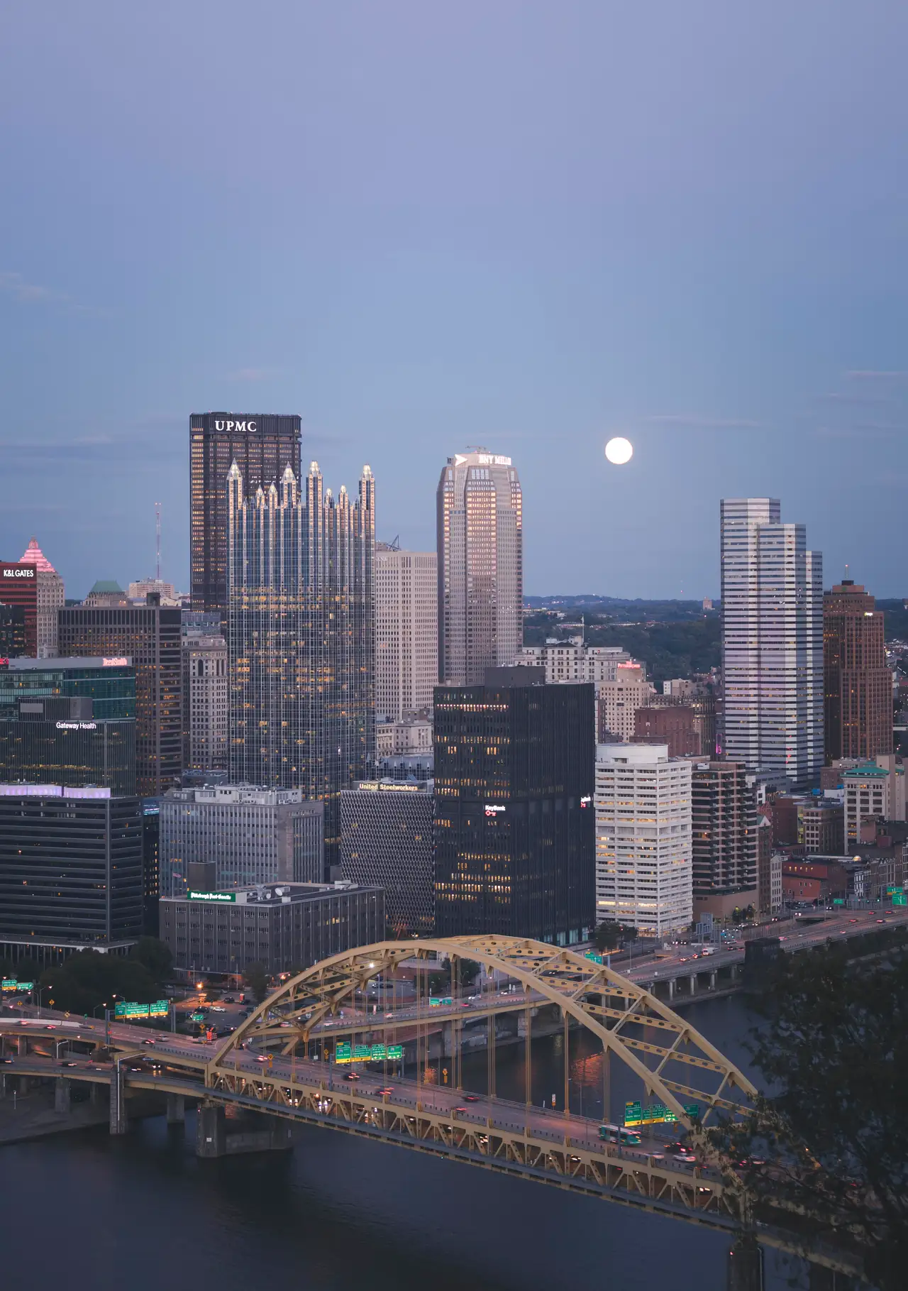 Fine-art photograph, “Pittsburgh Skyline and Yellow Bridge, Midnight Current - 5DM49995,” from the Pennsylvania - Pittsburgh collection.