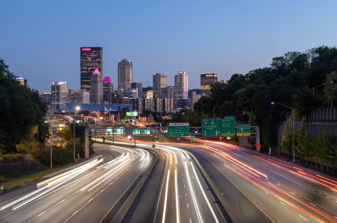 Fine-art photograph, “Pittsburgh Downtown Highway Light Trails, Concrete and Sky - 5M2A1510,” from the Pennsylvania - Pittsburgh collection.