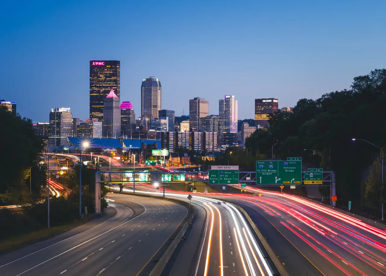 Fine-art photograph, “Pittsburgh Downtown Highway Light Trails, The Long Descent - 5M2A1511,” from the Pennsylvania - Pittsburgh collection.