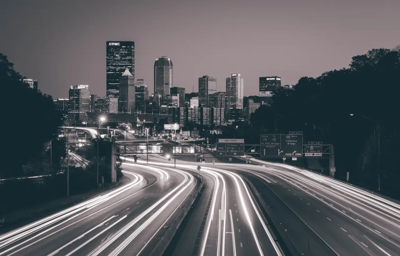 Fine-art photograph, “Pittsburgh Downtown Highway Light Trails in Black and White - 5M2A1512,” from the Pennsylvania - Pittsburgh collection.