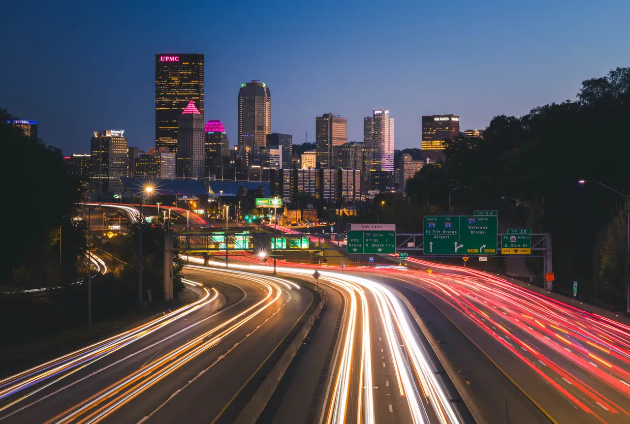 Fine-art photograph, “Pittsburgh Downtown Highway Light Trails, Last Train Home - 5M2A1513,” from the Pennsylvania - Pittsburgh collection.