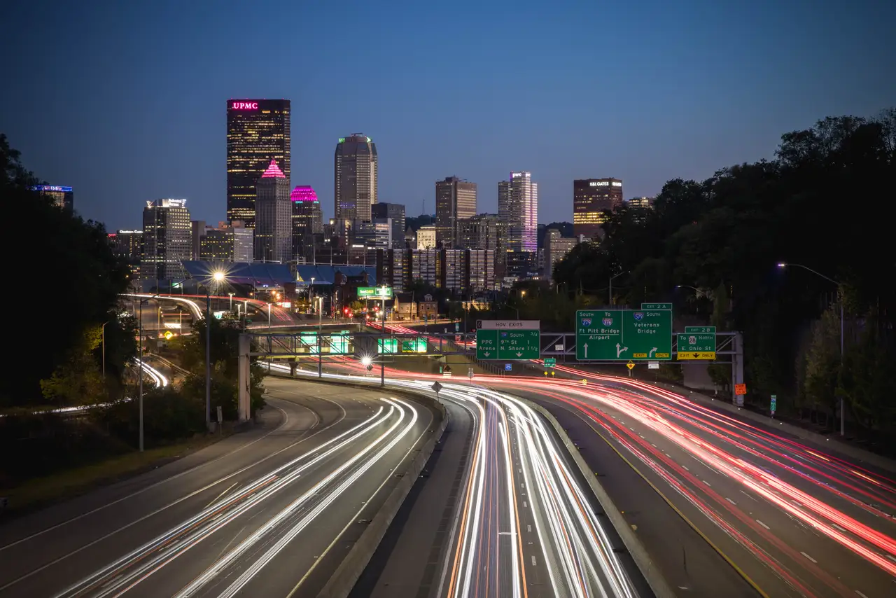 Fine-art photograph, “Pittsburgh Downtown Highway Light Trails, Glass Horizon - 5M2A1514,” from the Pennsylvania - Pittsburgh collection.