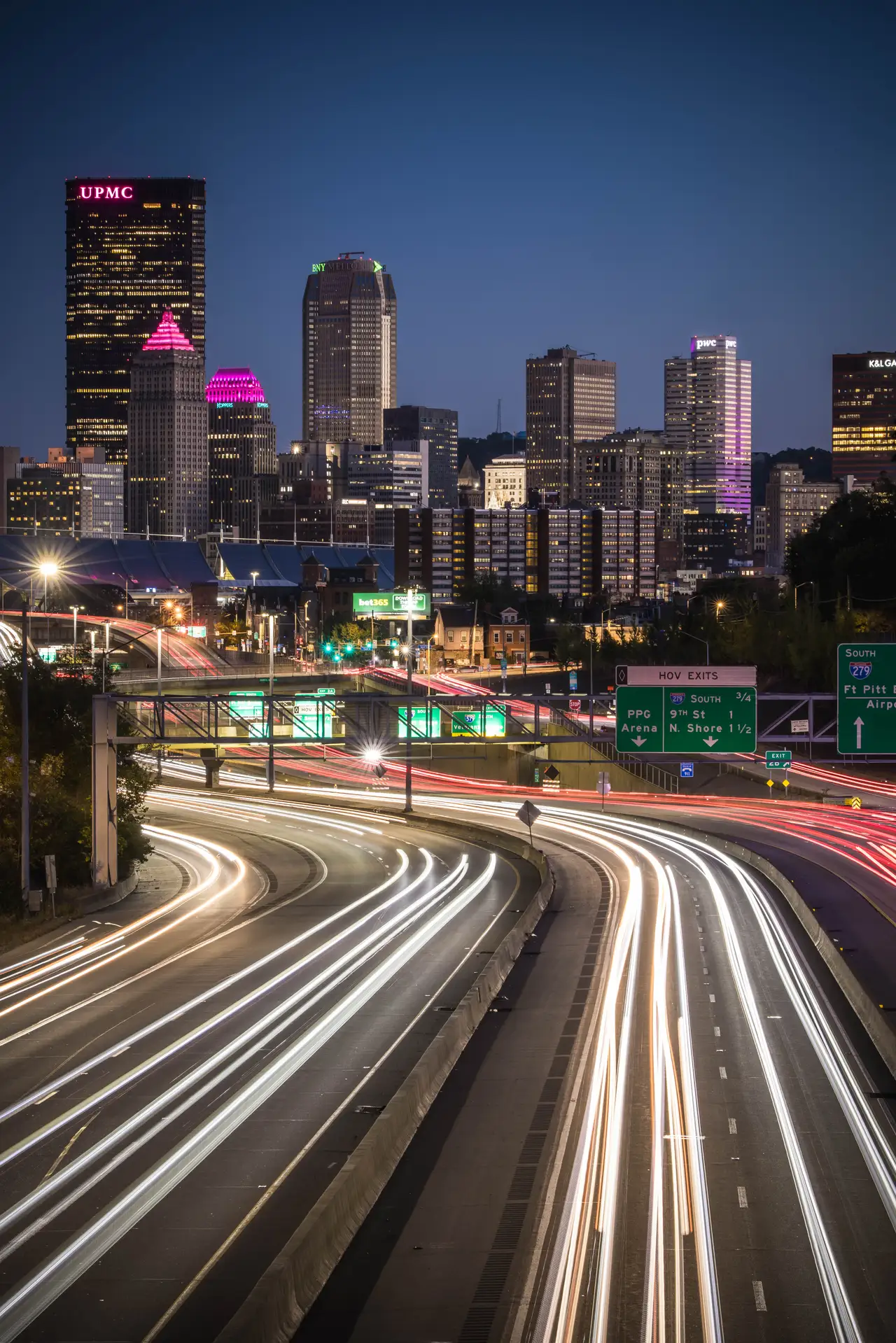 Fine-art photograph, “Pittsburgh Downtown Highway Light Trails, Steel and Water - 5M2A1516,” from the Pennsylvania - Pittsburgh collection.