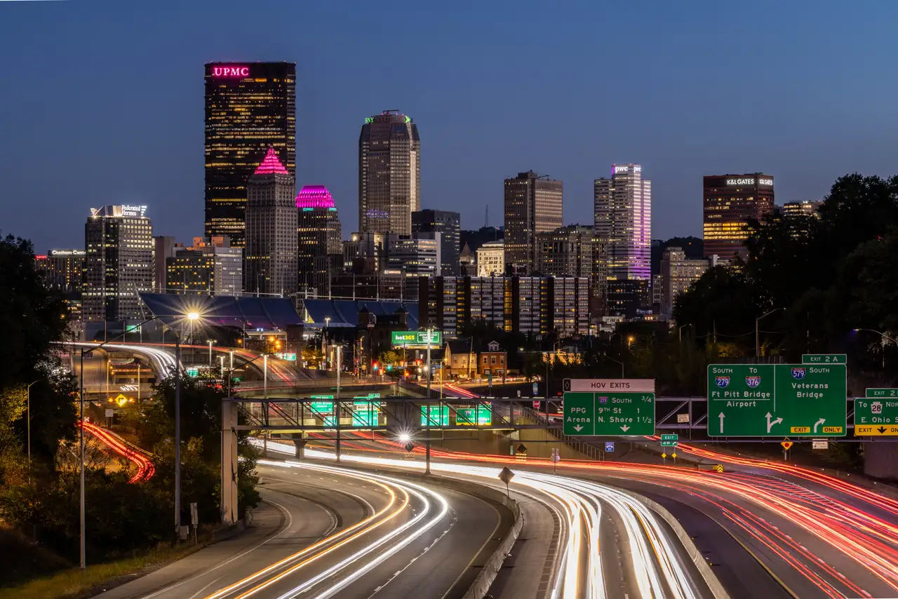 Fine-art photograph, “Pittsburgh Downtown Highway Light Trails, Night Passage - 5M2A1517,” from the Pennsylvania - Pittsburgh collection.