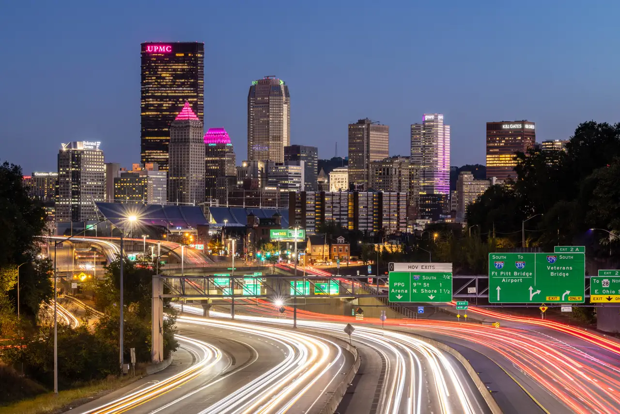 Fine-art photograph, “Pittsburgh Downtown Highway Light Trails, Distant Glow - 5M2A1518,” from the Pennsylvania - Pittsburgh collection.