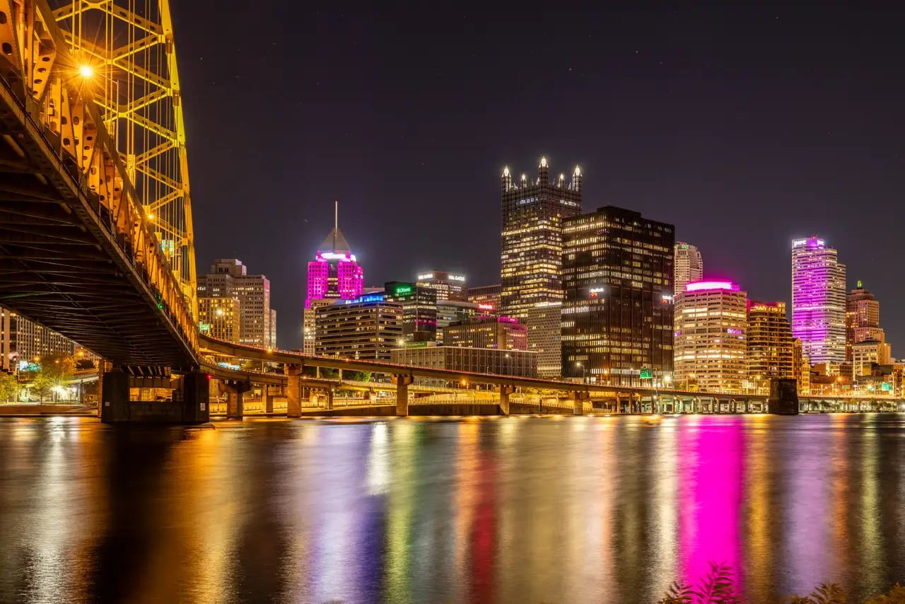 Fine-art photograph, “Pittsburgh Skyline Beneath a Yellow Bridge, Night Passage - 5M2A1558,” from the Pennsylvania - Pittsburgh collection.