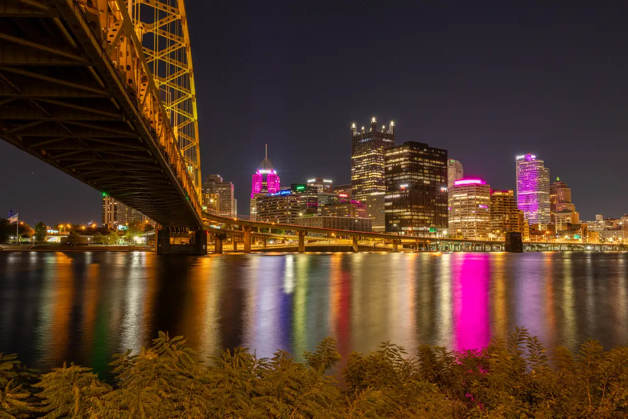 Fine-art photograph, “Pittsburgh Skyline Beneath a Yellow Bridge, Tide of Light - 5M2A1563,” from the Pennsylvania - Pittsburgh collection.