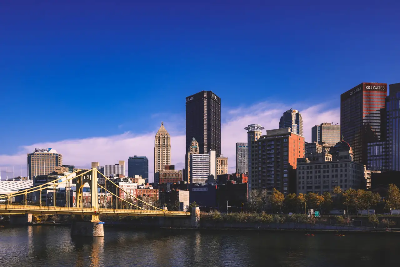 Fine-art photograph, “Pittsburgh Skyline and Yellow Bridges, Distant Glow - 5M2A1759,” from the Pennsylvania - Pittsburgh collection.
