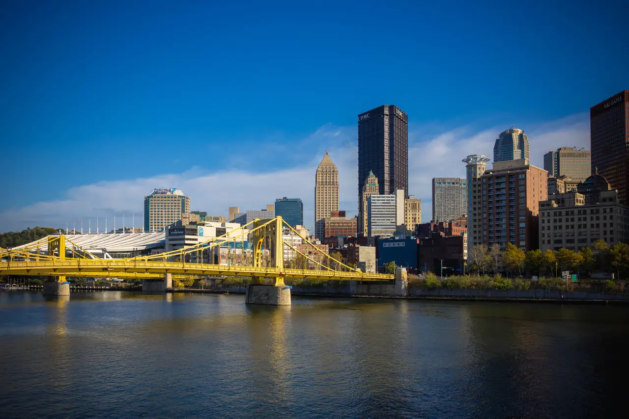 Fine-art photograph, “Roberto Clemente Bridge and Pittsburgh Skyline, City Signal - 5M2A1770,” from the Pennsylvania - Pittsburgh collection.