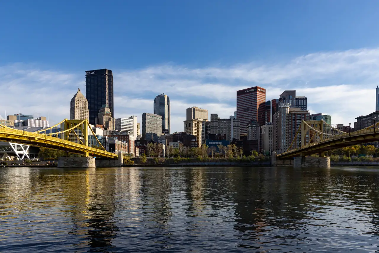 Fine-art photograph, “Roberto Clemente Bridge and Pittsburgh Skyline, Tower Light - 5M2A1795,” from the Pennsylvania - Pittsburgh collection.