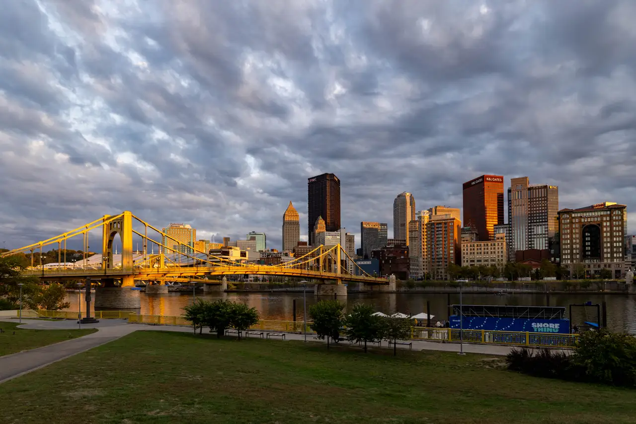 Fine-art photograph, “Pittsburgh Skyline and Yellow Bridges, After the Rush - 5M2A1798,” from the Pennsylvania - Pittsburgh collection.