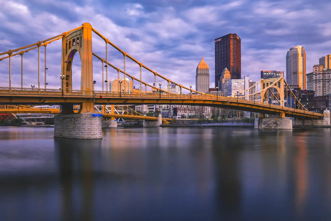 Fine-art photograph, “Roberto Clemente Bridge and Pittsburgh Skyline, After the Rush - 5M2A1803,” from the Pennsylvania - Pittsburgh collection.