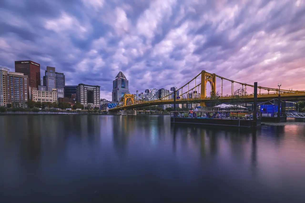 Fine-art photograph, “Roberto Clemente Bridge and Pittsburgh Skyline, City Signal - 5M2A1810,” from the Pennsylvania - Pittsburgh collection.