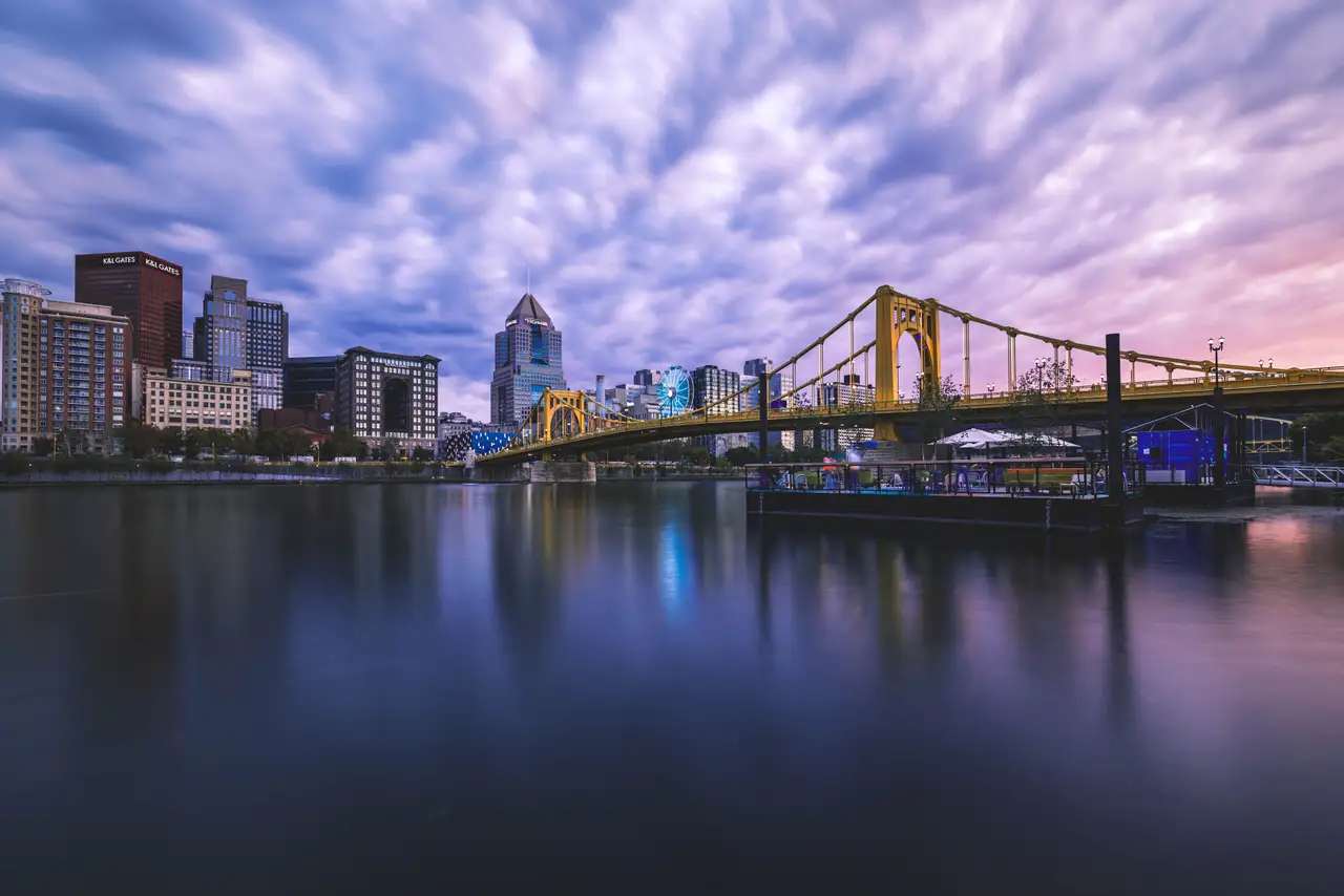 Fine-art photograph, “Roberto Clemente Bridge and Pittsburgh Skyline, Steel and Water - 5M2A1811,” from the Pennsylvania - Pittsburgh collection.