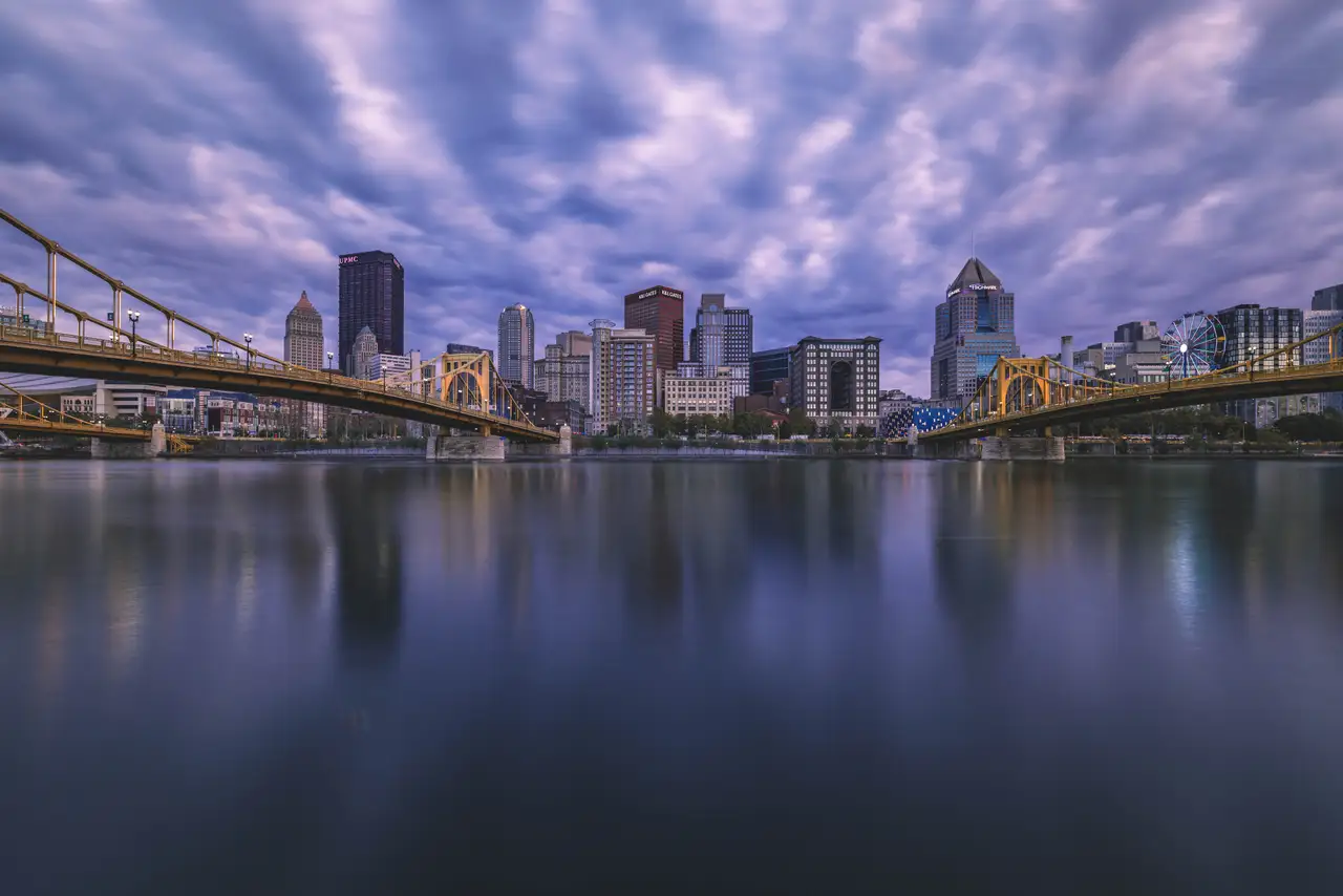 Fine-art photograph, “Roberto Clemente Bridge and Pittsburgh Skyline, Night Passage - 5M2A1812,” from the Pennsylvania - Pittsburgh collection.