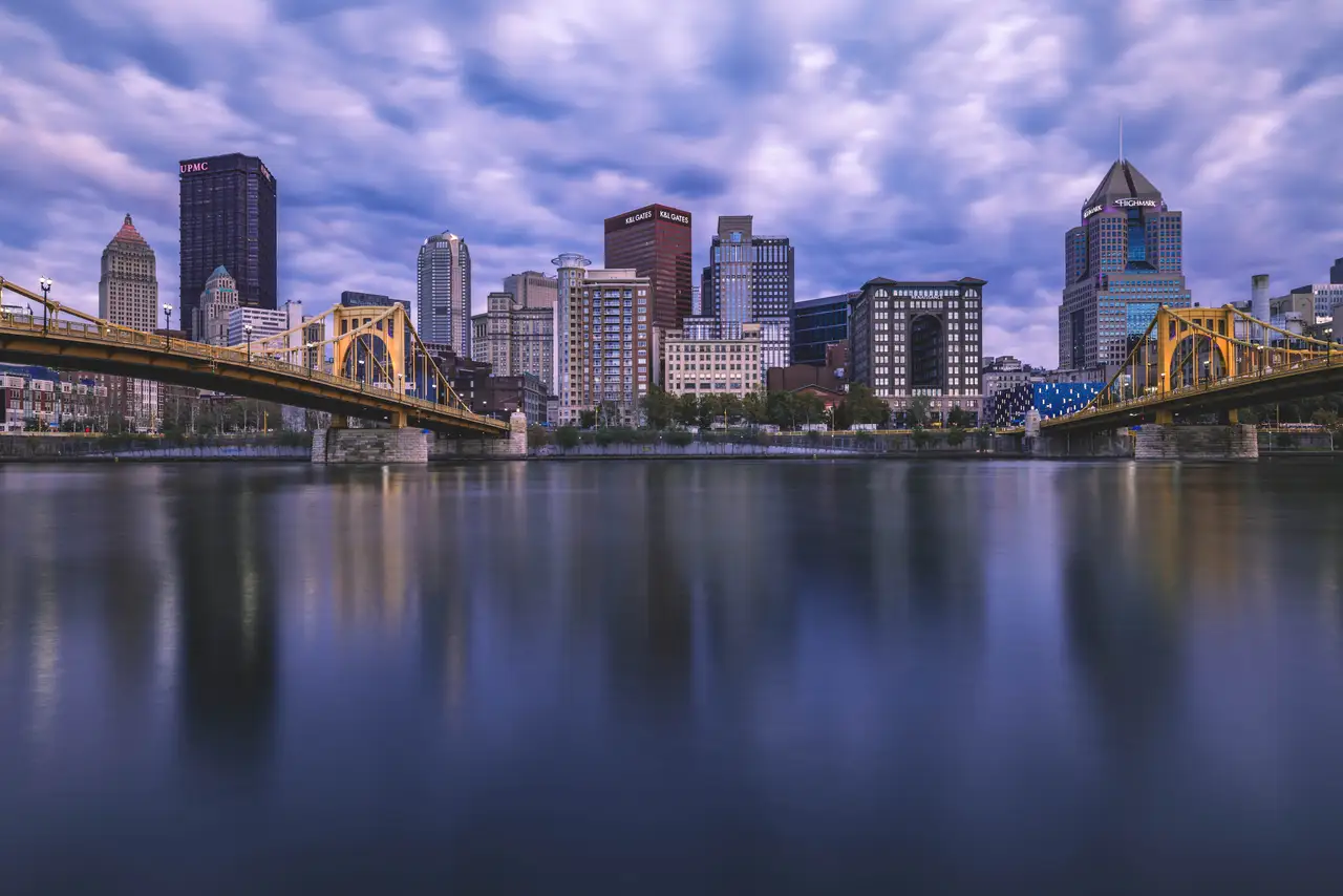 Fine-art photograph, “Roberto Clemente Bridge and Pittsburgh Skyline, Distant Glow - 5M2A1813,” from the Pennsylvania - Pittsburgh collection.