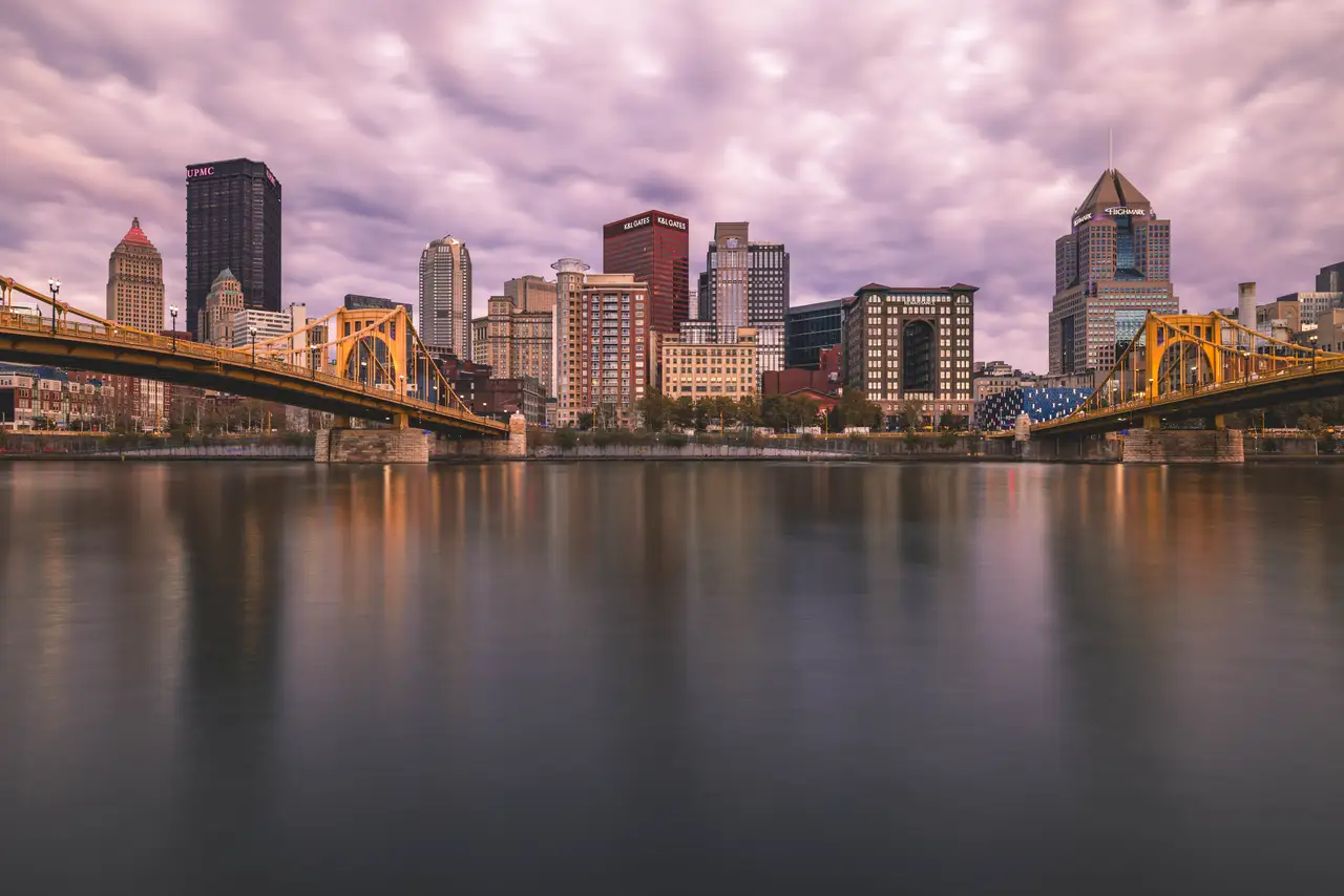 Fine-art photograph, “Roberto Clemente Bridge and Pittsburgh Skyline, Tower Light - 5M2A1814,” from the Pennsylvania - Pittsburgh collection.