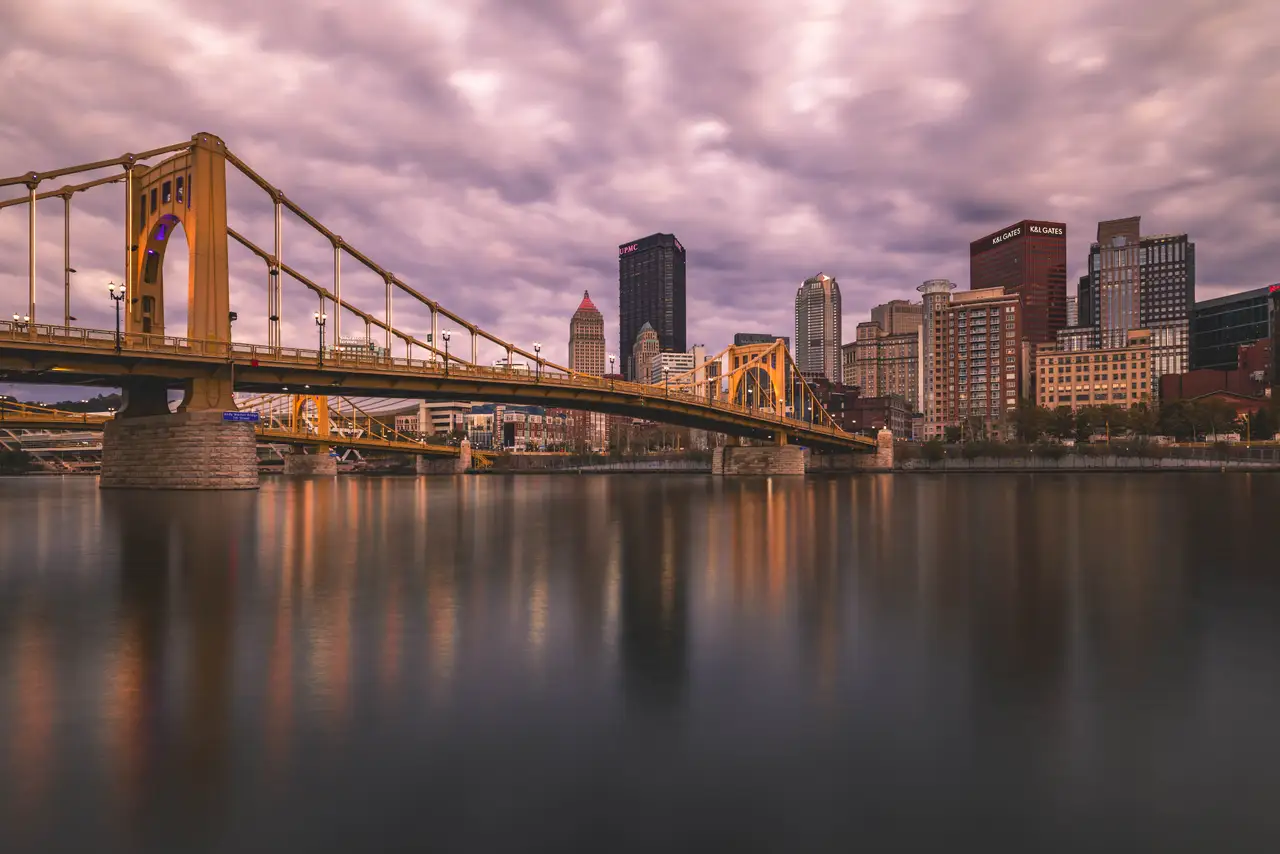 Fine-art photograph, “Roberto Clemente Bridge and Downtown Pittsburgh at Dusk - 5M2A1816,” from the Pennsylvania - Pittsburgh collection.