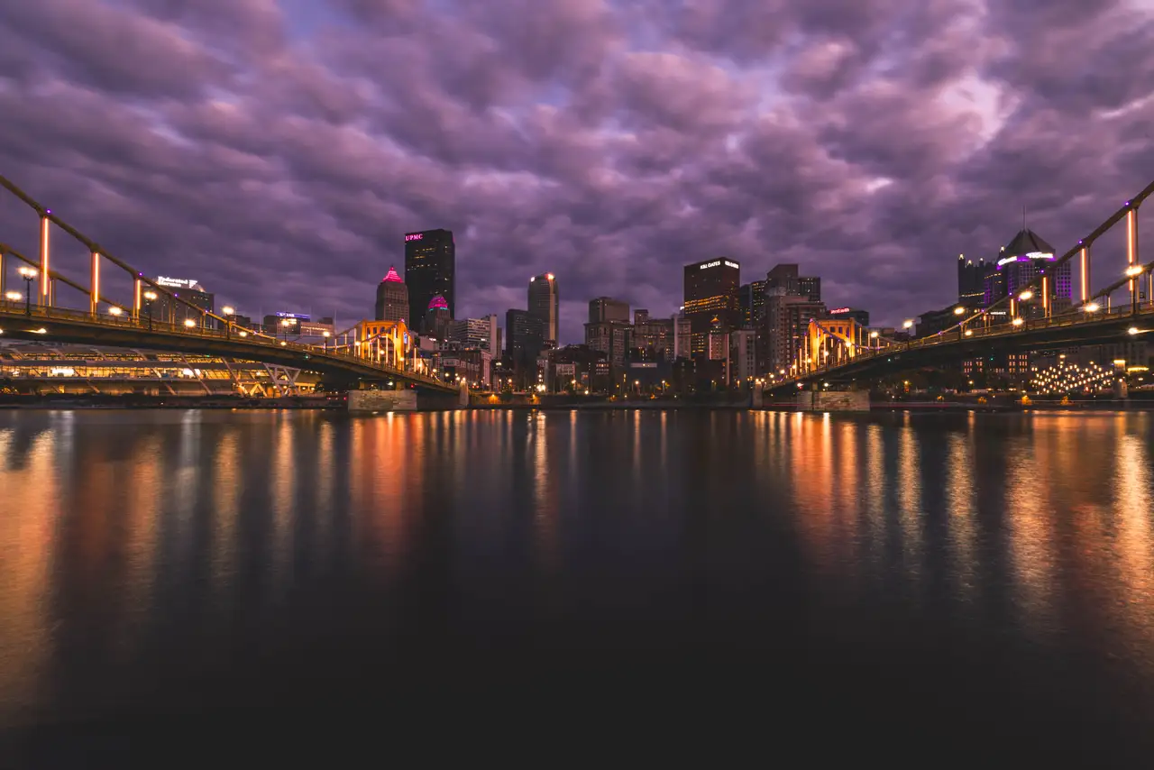 Fine-art photograph, “Pittsburgh Skyline and Bridges at Night - 5M2A1830,” from the Pennsylvania - Pittsburgh collection.