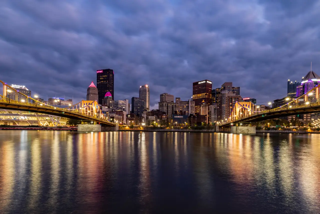 Fine-art photograph, “Roberto Clemente Bridge and Pittsburgh Skyline, Last Train Home - 5M2A1836,” from the Pennsylvania - Pittsburgh collection.