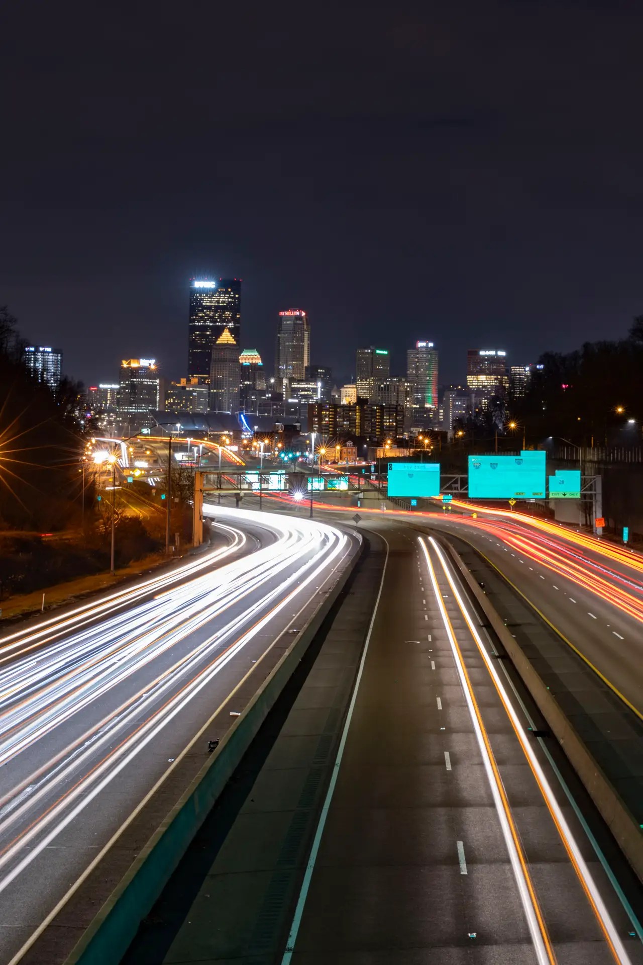 Fine-art photograph, “Pittsburgh Downtown Highway Light Trails, The Long Descent - FIV8129,” from the Pennsylvania - Pittsburgh collection.