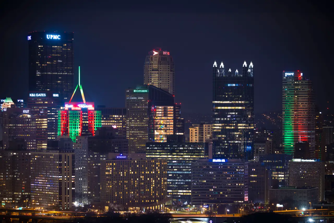 Fine-art photograph, “Pittsburgh Downtown Holiday Tower Lights from Mount Washington - FIV8167,” from the Pennsylvania - Pittsburgh collection.
