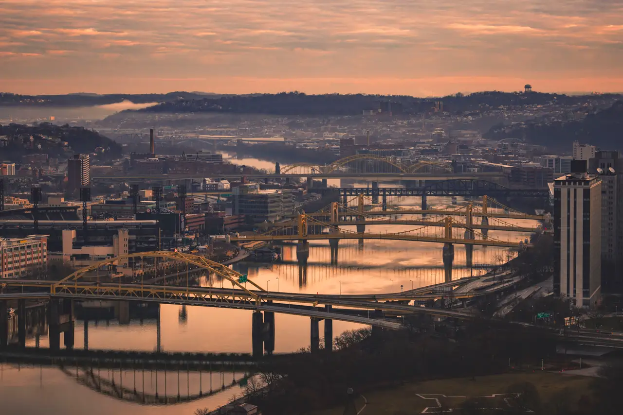 Fine-art photograph, “Pittsburgh Three Rivers at Sunset, The Long Descent - FIV8271,” from the Pennsylvania - Pittsburgh collection.