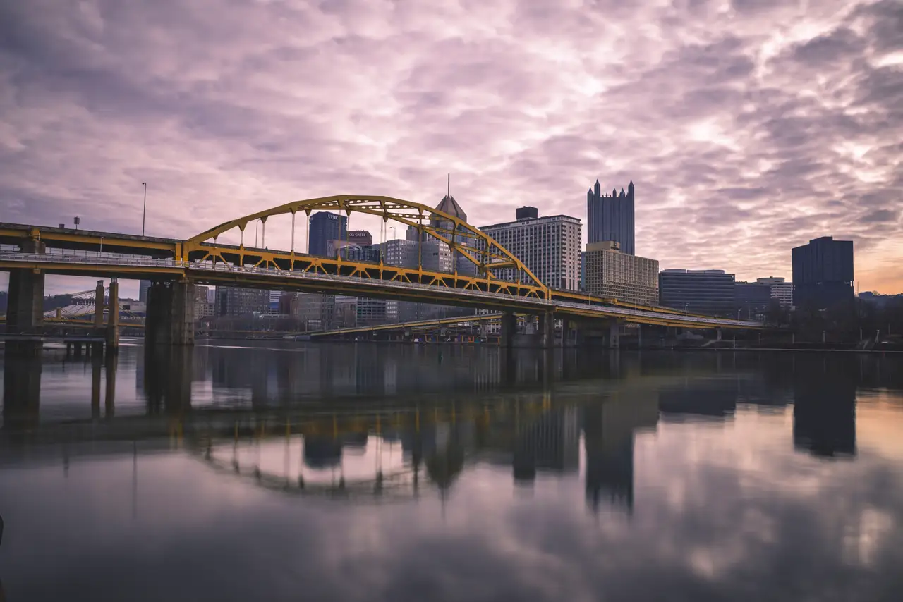 Fine-art photograph, “Pittsburgh Skyline and Yellow Bridge Reflections, Distant Glow - FIV8481,” from the Pennsylvania - Pittsburgh collection.