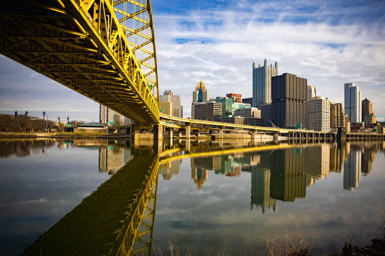 Fine-art photograph, “Pittsburgh Skyline Beneath a Yellow Bridge, Windows at Dusk - FIV8512,” from the Pennsylvania - Pittsburgh collection.