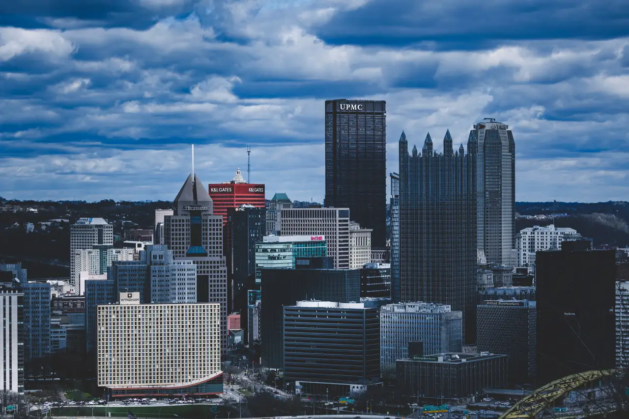Fine-art photograph, “Pittsburgh Downtown Under Storm Clouds, The Long Descent - FIV9505,” from the Pennsylvania - Pittsburgh collection.