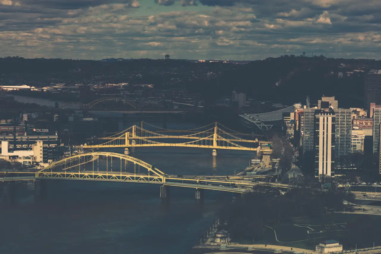 Fine-art photograph, “Pittsburgh Skyline and Yellow Bridges, Night Passage - FIV9513,” from the Pennsylvania - Pittsburgh collection.