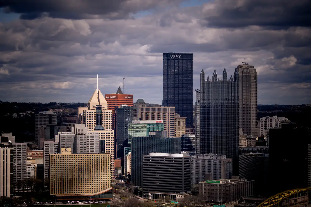 Fine-art photograph, “Pittsburgh Downtown in Storm Clouds, Dawn Traffic - FIV9517,” from the Pennsylvania - Pittsburgh collection.
