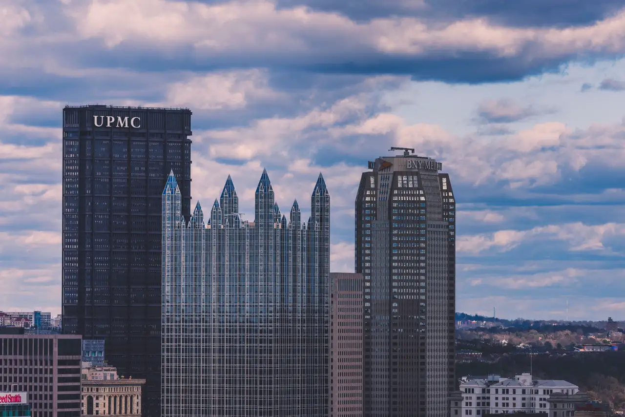 Fine-art photograph, “UPMC Tower and Pittsburgh Skyline, Evening Momentum - FIV9567,” from the Pennsylvania - Pittsburgh collection.