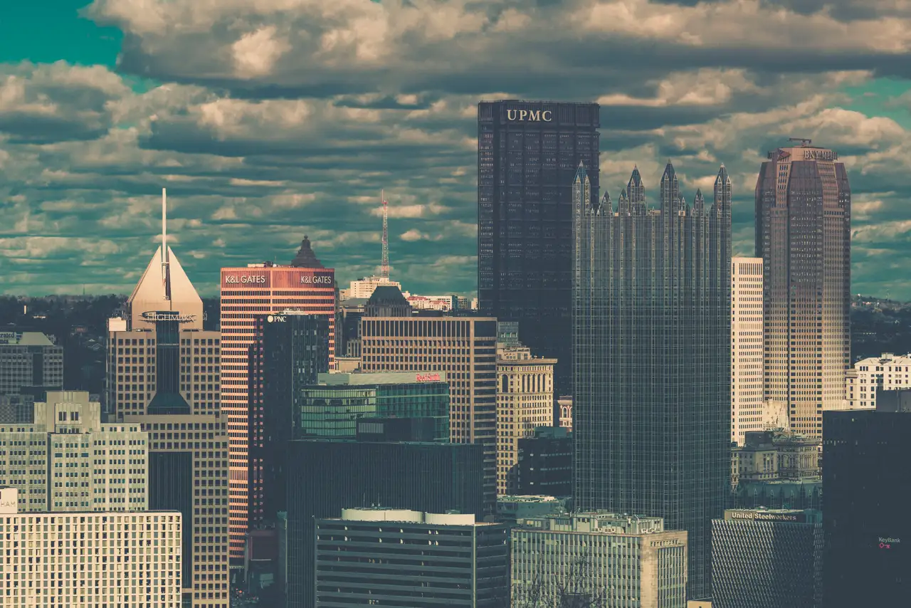 Fine-art photograph, “UPMC Tower and Pittsburgh Skyline, Tide of Light - FIV9576,” from the Pennsylvania - Pittsburgh collection.