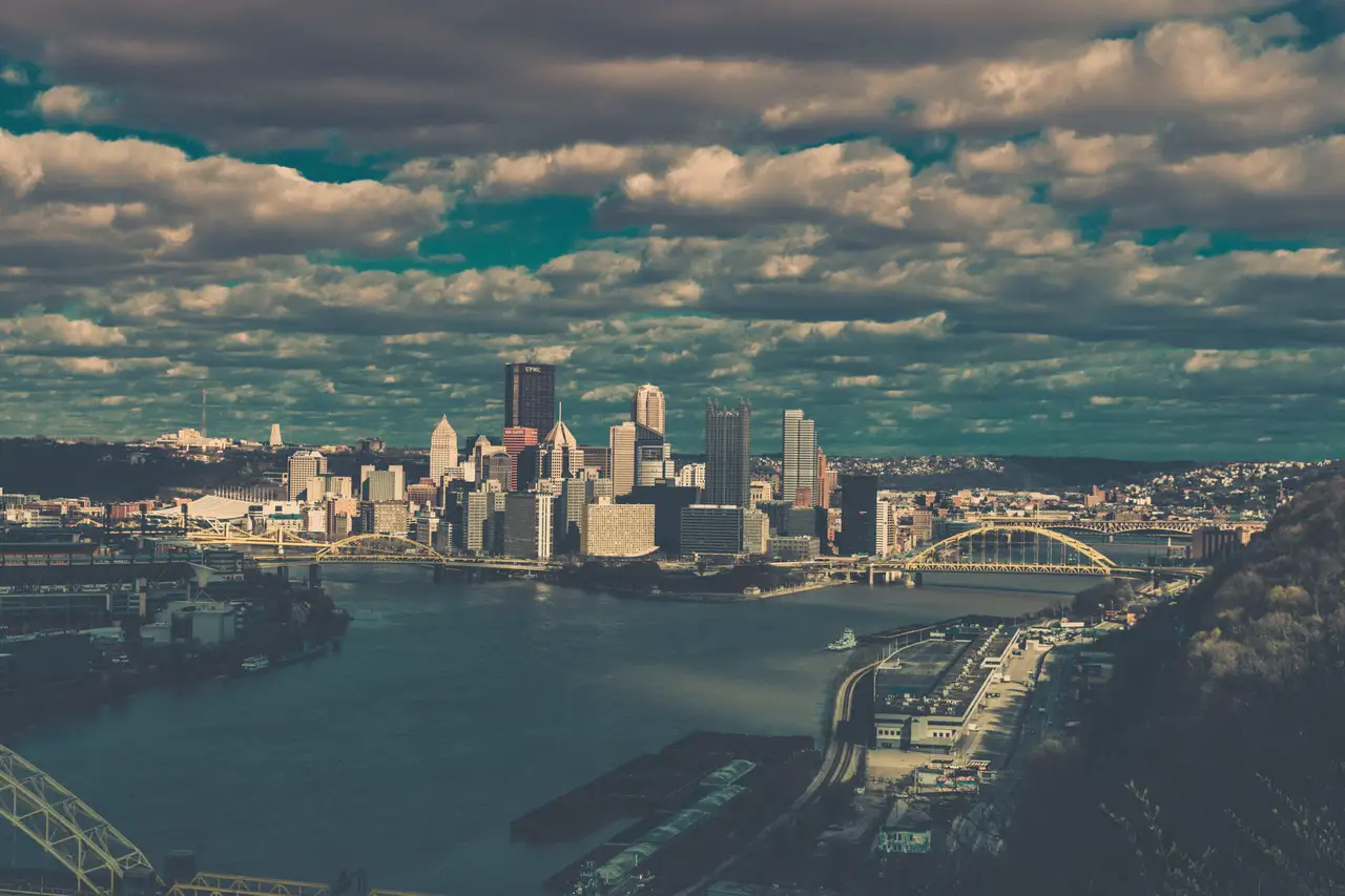Fine-art photograph, “Pittsburgh Skyline and Three Rivers, Last Train Home - FIV9580,” from the Pennsylvania - Pittsburgh collection.