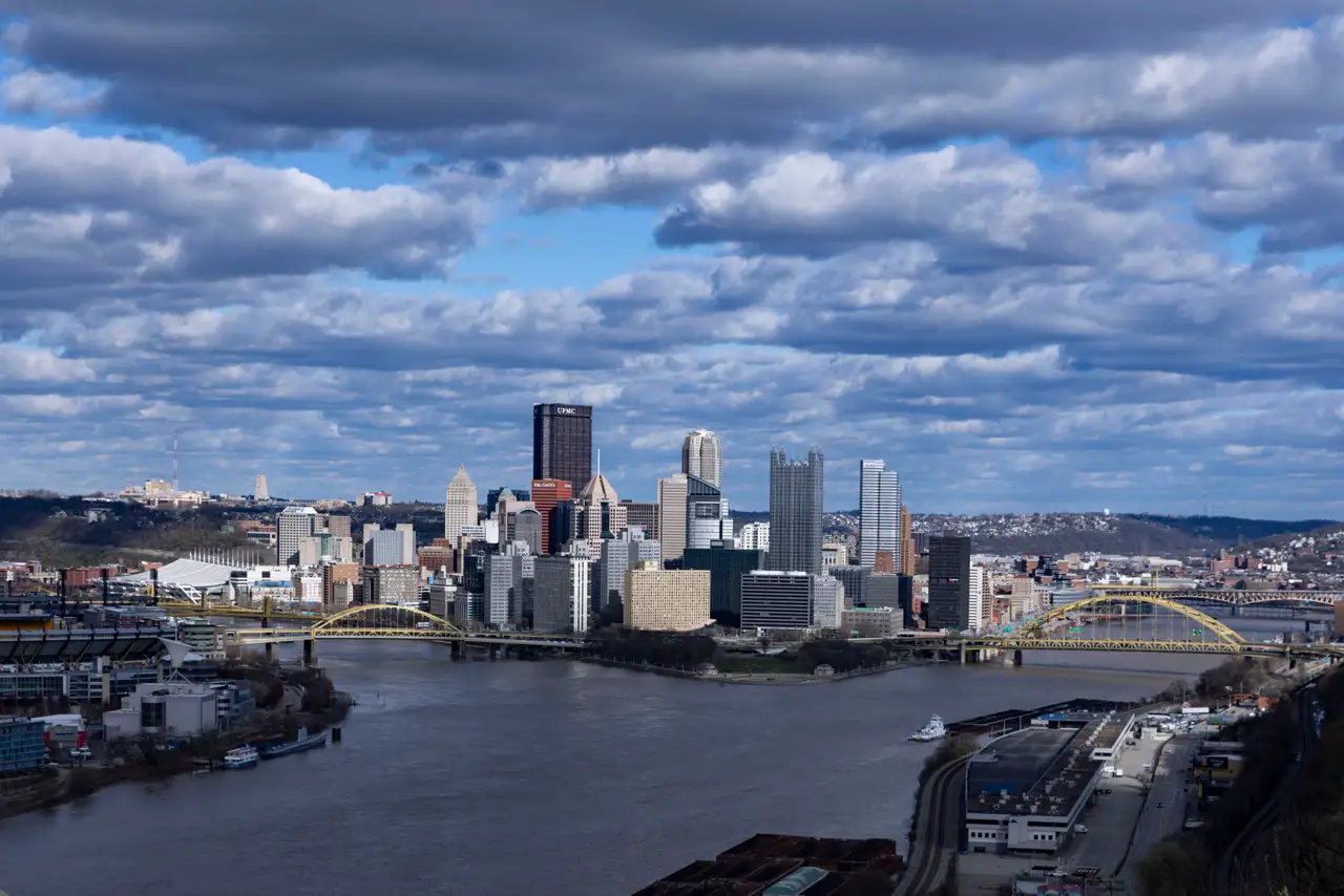 Fine-art photograph, “Pittsburgh Skyline and Three Rivers, Evening Momentum - FIV9584,” from the Pennsylvania - Pittsburgh collection.