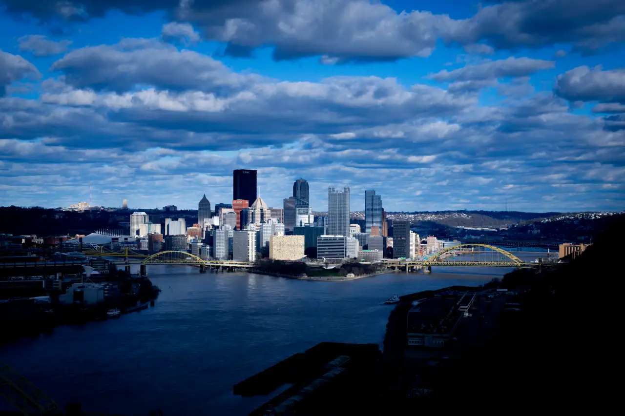 Fine-art photograph, “Pittsburgh Skyline and Three Rivers at Blue Hour, Distant Glow - FIV9687,” from the Pennsylvania - Pittsburgh collection.
