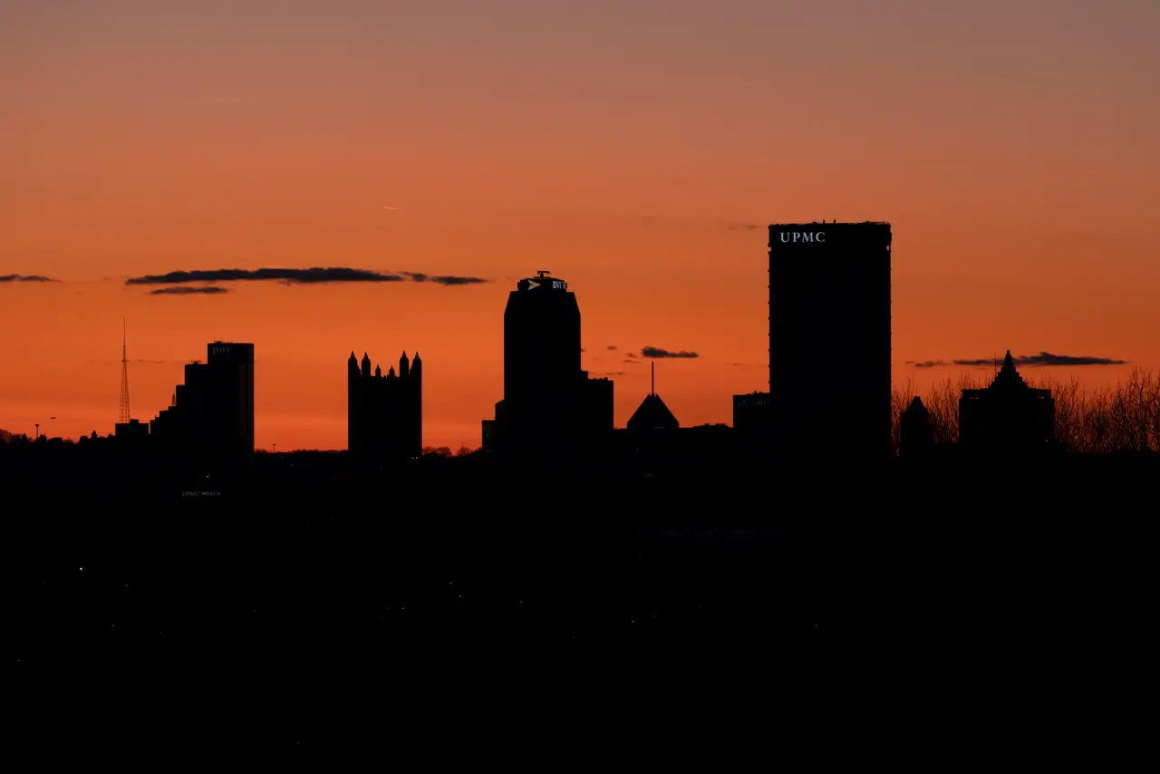 Fine-art photograph, “Pittsburgh Skyline Silhouette at Sunset, Steel and Water - FIV9729,” from the Pennsylvania - Pittsburgh collection.
