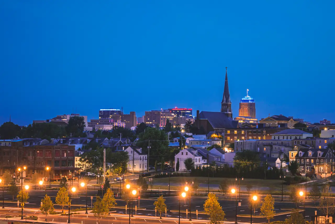 Fine-art photograph, “Allentown Skyline and Streetlights at Blue Hour - Allentown RFIV0568,” from the Pennsylvania - the others collection.
