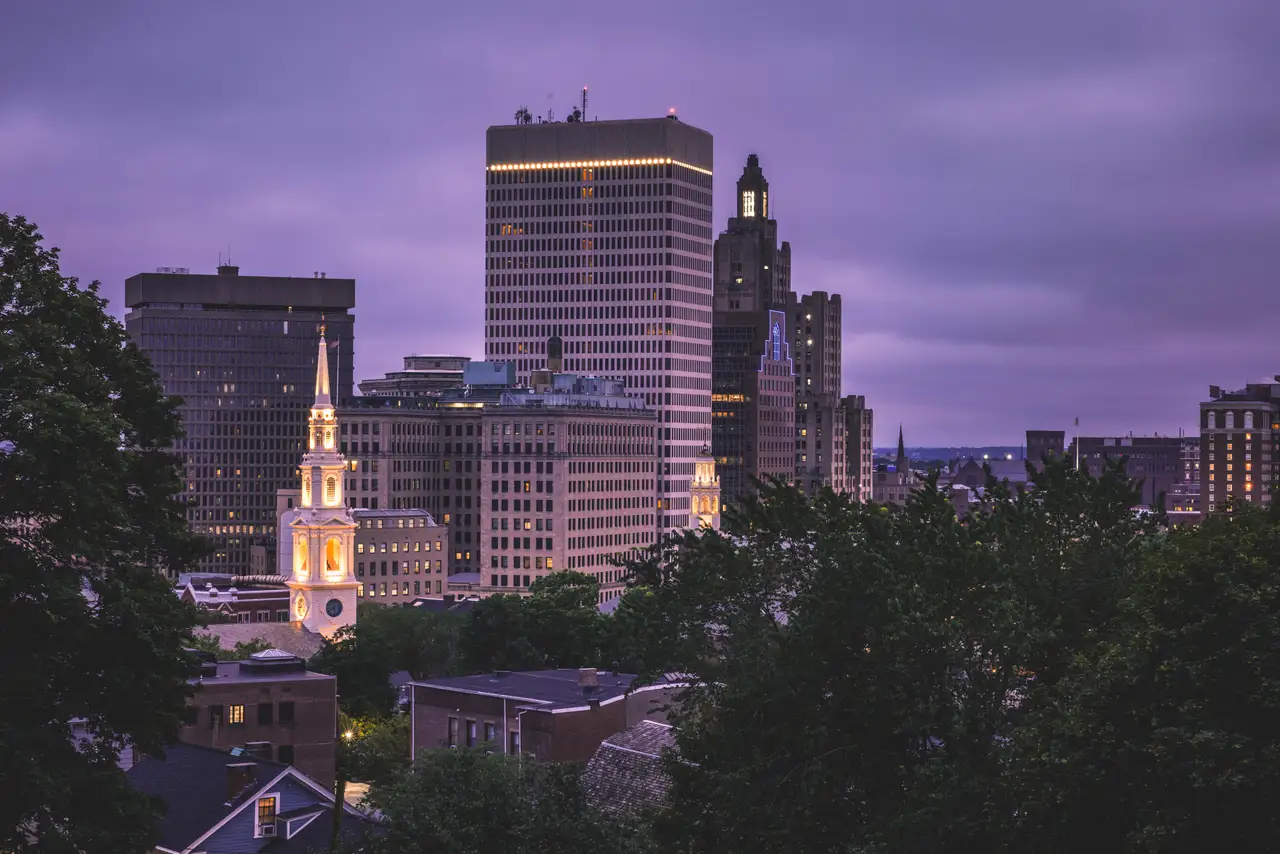 Fine-art photograph, “Providence Skyline and First Baptist Church - FIV4730,” from the Rhode Island collection.